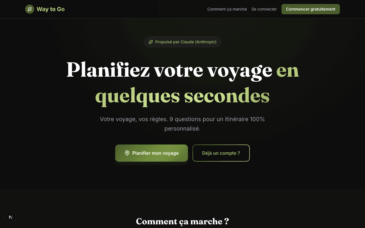 Page d'accueil Way to Go — planificateur d'itinéraire IA