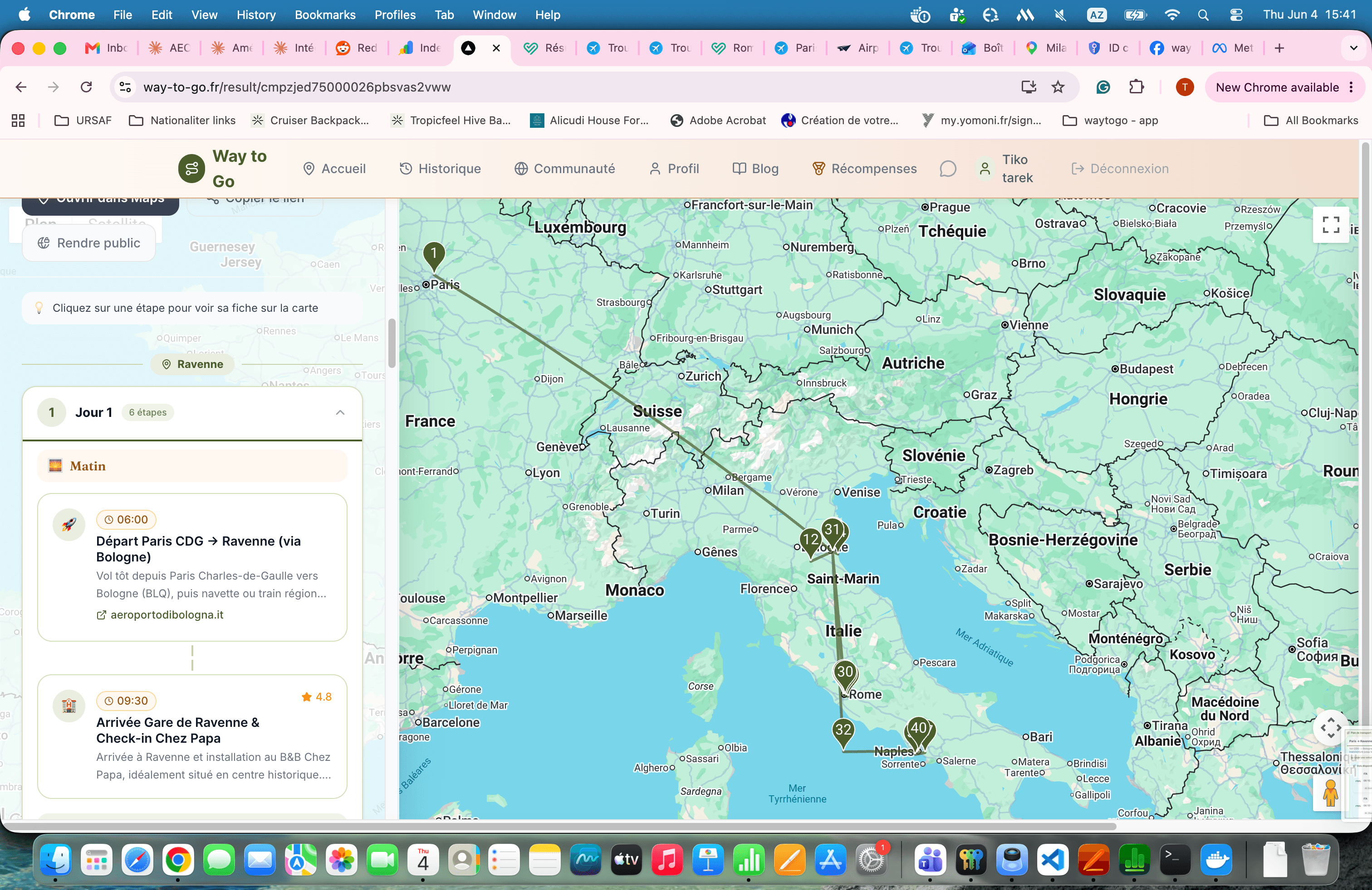 Carte du voyage multi-destinations Paris → Ravenne → Rome → Naples générée par Way to Go