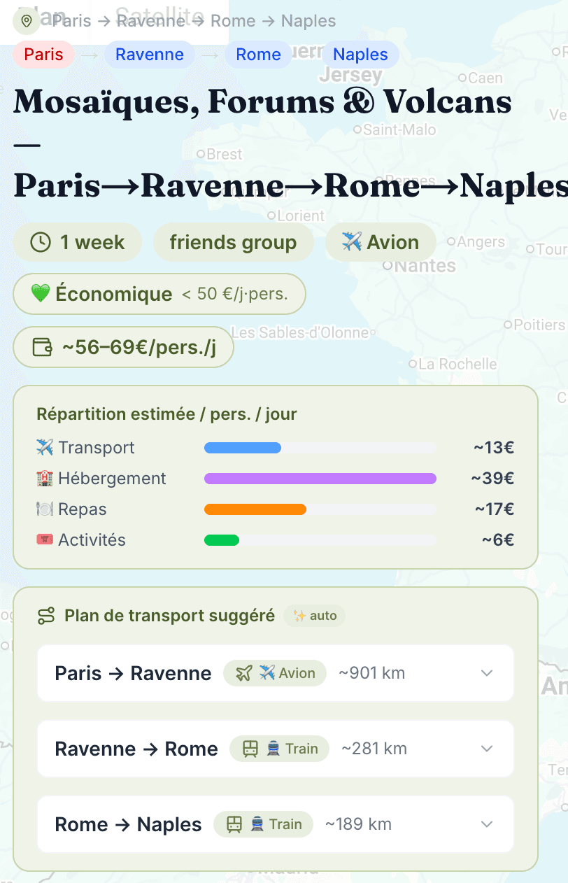 Plan de transport par étape : Paris → Ravenne en avion, Ravenne → Rome et Rome → Naples en train